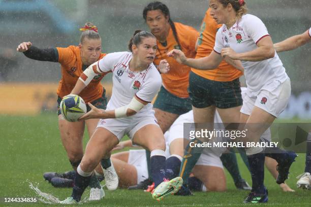 England's Leanne Infante passes the ball during the New Zealand 2021 Womens Rugby World Cup quarter-final match between England and Australia at the...