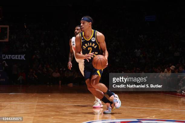 Andrew Nembhard of the Indiana Pacers dribbles the ball during the game against the Brooklyn Nets on October 29, 2022 at Barclays Center in Brooklyn,...
