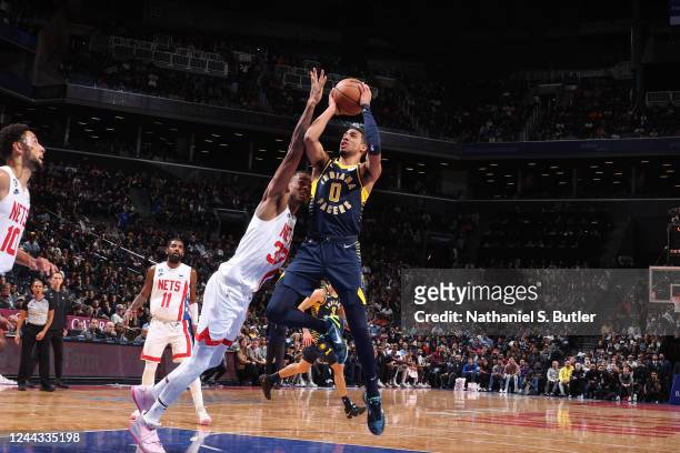 Tyrese Haliburton of the Indiana Pacers shoots the ball during the game against the Brooklyn Nets on October 29, 2022 at Barclays Center in Brooklyn,...