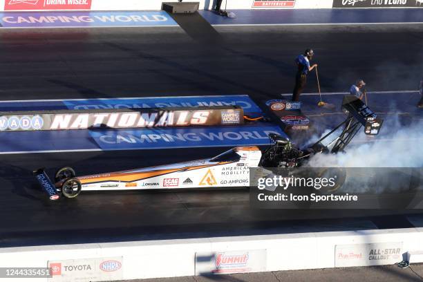 Tony Schumacher Maynard Family/Scag Power Equipment NHRA Top Fuel Dragster does a burnout during the NHRA Nevada Nationals Saturday, Oct. 29 at The...