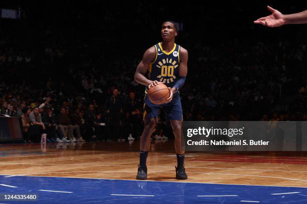 Bennedict Mathurin of the Indiana Pacers prepares to shoot a free throw during the game against the Brooklyn Nets on October 29, 2022 at Barclays...