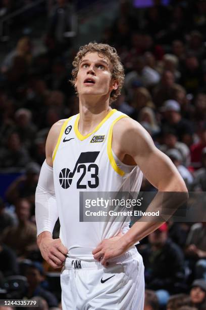 Lauri Markkanen of the Utah Jazz looks on during the game against the Memphis Grizzlies on October 29, 2022 at Vivint SmartHome Arena in Salt Lake...