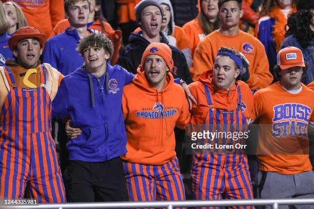 Boise State Broncos fans living it up during second half action against the Colorado State Rams at Albertsons Stadium on October 29, 2022 in Boise,...