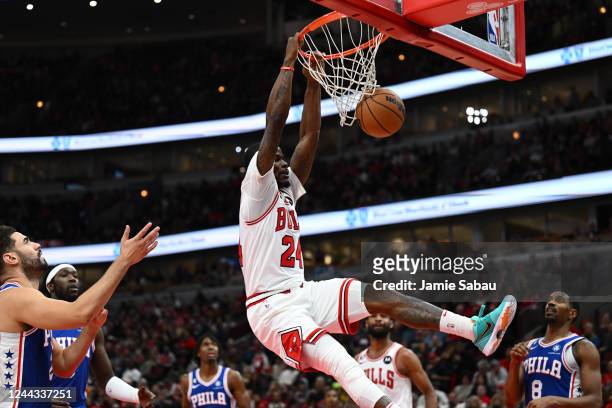 Javonte Green of the Chicago Bulls slams home a rebound in the second half against the Philadelphia 76ers on October 29, 2022 at the United Center in...