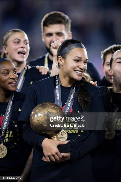 Sophia Smith of the Portland Thorns FC celebrates being awarded the Player of the Match after winning the National Womens Soccer League Championship...