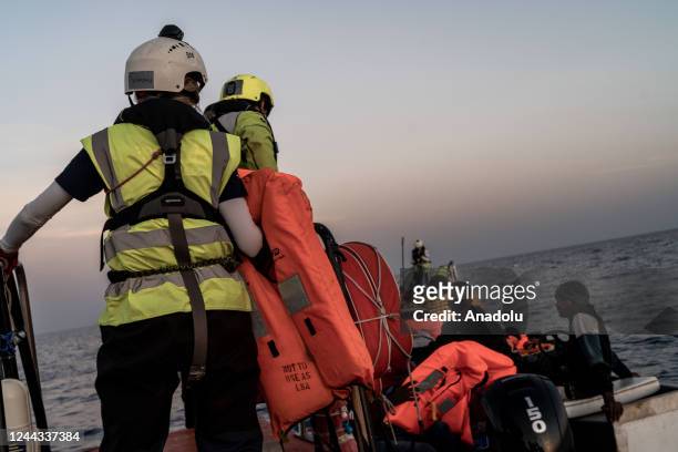 Rescue at sea by the rescuers of the Ocean Viking ship of the NGO SoS Mediterranee in the Central Mediterranean Sea south-east of Malta in the...