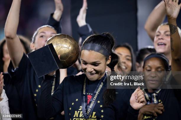 Sophia Smith of the Portland Thorns FC celebrates being awarded the Player of the Match after winning the National Womens Soccer League Championship...