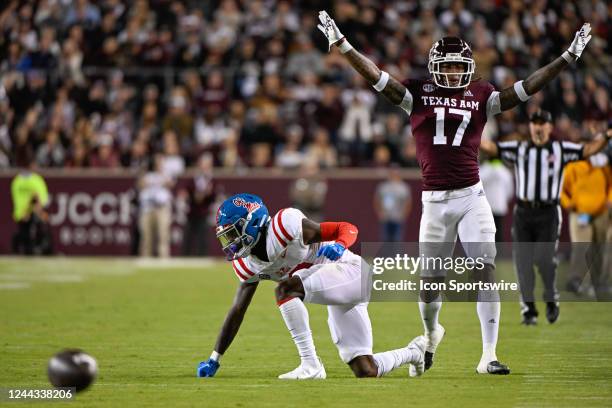 Texas A&M Aggies defensive back Jaylon Jones celebrates breaking up a deep pass attempt during second half action during the football game between...