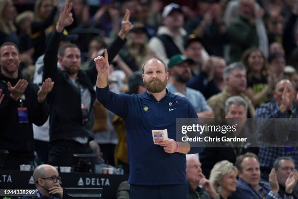 Taylor Jenkins head coach of the Memphis Grizzlies calls a play during the second half of their game against the Utah Jazz at the Vivint Arena...