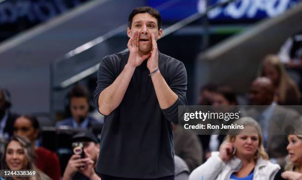 Mark Daigneault of the Oklahoma City Thunder calls a play as the Thunder takes on the Dallas Mavericks in the second half of the game at American...