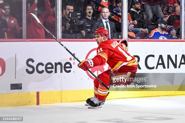 Calgary Flames Center Mikael Backlund celebrates after scoring a goal during the second period of an NHL game between the Calgary Flames and the...