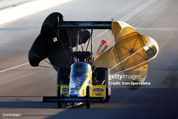 Brittany Force Flav R Pac NHRA Top Fuel Dragster deploys her parachutes during the NHRA Nevada Nationals on October 29 at The Strip at Las Vegas...