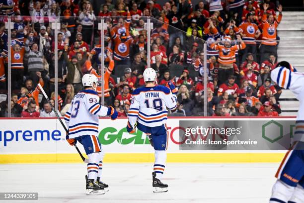 Edmonton Oilers Right Wing Zach Hyman celebrates a goal with Edmonton Oilers Left Wing Ryan Nugent-Hopkins during the third period of an NHL game...