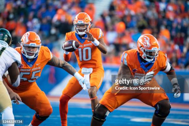 Boise State Broncos quarterback Taylen Green runs a play during a college football game between the Colorado State Rams and the Boise State Broncos...