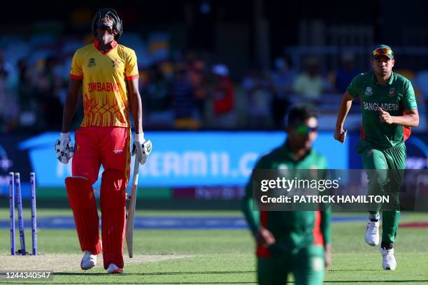 Zimbabwe's Blessing Muzarabani reacts on his dismissal that later declared a no-ball by the umpire during the ICC men's Twenty20 World Cup 2022...