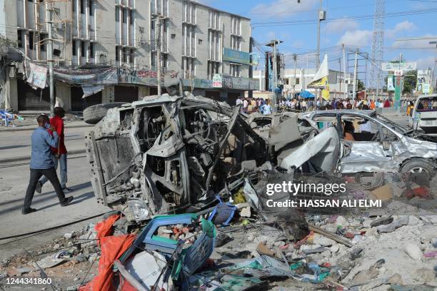 This photograph taken October 30, 2022 shows a destroyed cars after an car bombing targeted the education ministry in Mogadishu on October 29, 2022....