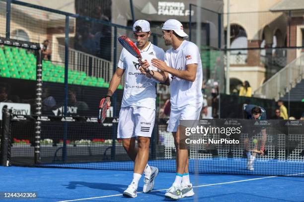 From spain and his teammate JUAN LEBRON from spain during Padel match vs RAMIRO MOYANO from Argentina and JON SANZ ZALBA from Spain at 28 October...