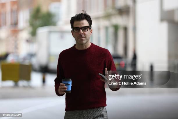 Zachary Quinto, American actor and film producer, arrives at the BBC ahead of the broadcast of "Sunday with Laura Kuenssberg" on October 30, 2022 in...