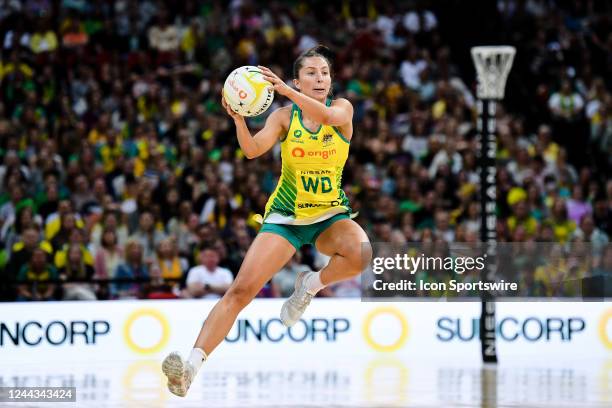 Amy Parmenter of the Australia Diamonds catches the ball during the Netball International match between Australia and England on October 30, 2022 at...
