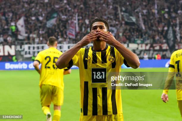 Jude Bellingham of Borussia Dortmund celebrates after his goal to 1:2 during the Bundesliga match between Eintracht Frankfurt and Borussia Dortmund...