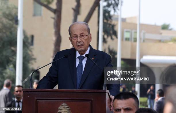 Lebanon's outgoing President Michel Aoun delivers a speech to mark the end of his mandate, outside the presidential palace in Baabda, east of the...