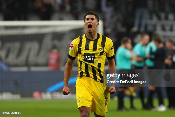 Jude Bellingham of Borussia Dortmund celebrate after winning during the Bundesliga match between Eintracht Frankfurt and Borussia Dortmund at...