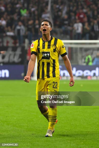 Jude Bellingham of Borussia Dortmund celebrate after winning during the Bundesliga match between Eintracht Frankfurt and Borussia Dortmund at...