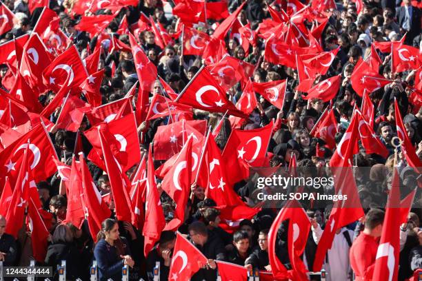 People wave Turkish flags during the ceremony held in Antkabir. Republic Day is a national holiday celebrated in Turkey and Northern Cyprus every...