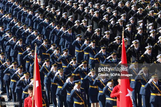 Turkish soldiers salute during the ceremony held in Antkabir. Republic Day is a national holiday celebrated in Turkey and Northern Cyprus every year...