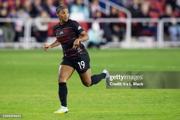 Crystal Dunn of Portland Thorns runs down the pitch in the second half of the 2022 National Womens Soccer League Match against Kansas City Current at...