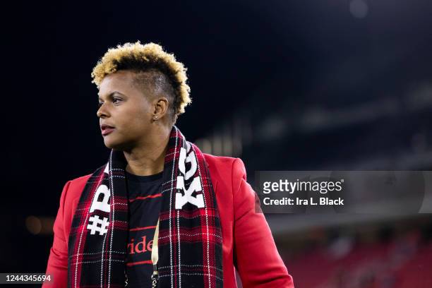 Karina LeBlanc General Manager of the Portland Thorns FC on the pitch to watch her team warm up before the start of the 2022 National Womens Soccer...