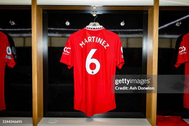 General View of the shirt of Lisandro Martinez of Manchester United in the dressing room prior to the Premier League match between Manchester United...