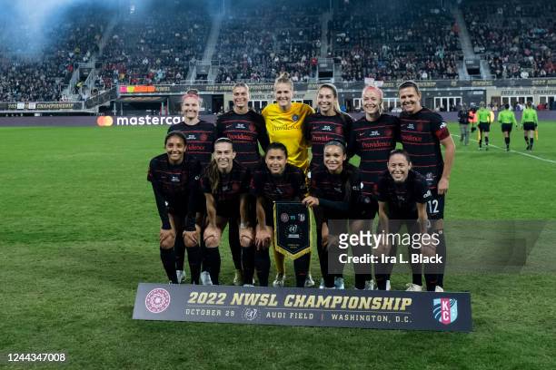 The starting lines up for the Portland Thorns FC on the pitch for the start of the 2022 National Womens Soccer League Championship Match against...