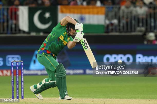 South Africa's David Miller plays a shot during the ICC men's Twenty20 World Cup 2022 cricket match between India and South Africa at the Perth...