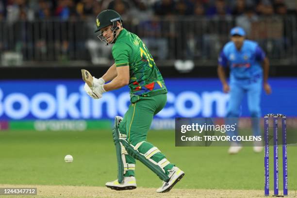 South Africa's David Miller plays a shot during the ICC men's Twenty20 World Cup 2022 cricket match between India and South Africa at the Perth...