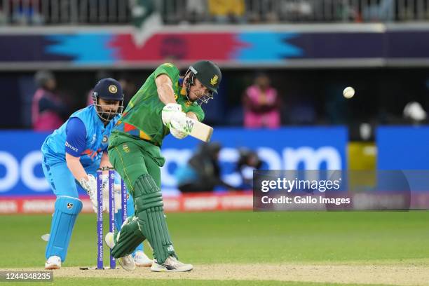 David Miller of proteas playing a shot during the 2022 ICC Men's T20 World Cup match between South Africa and India at Optus Stadium on October 30,...