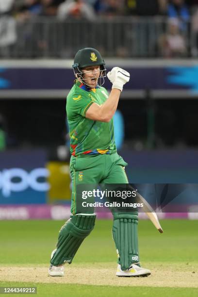 David Miller of proteas celebrates winning moment during the 2022 ICC Men's T20 World Cup match between South Africa and India at Optus Stadium on...