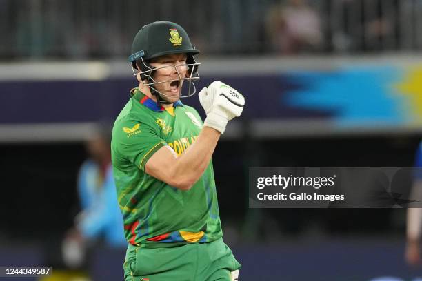 David Miller of proteas celebrates winning moment during the 2022 ICC Men's T20 World Cup match between South Africa and India at Optus Stadium on...