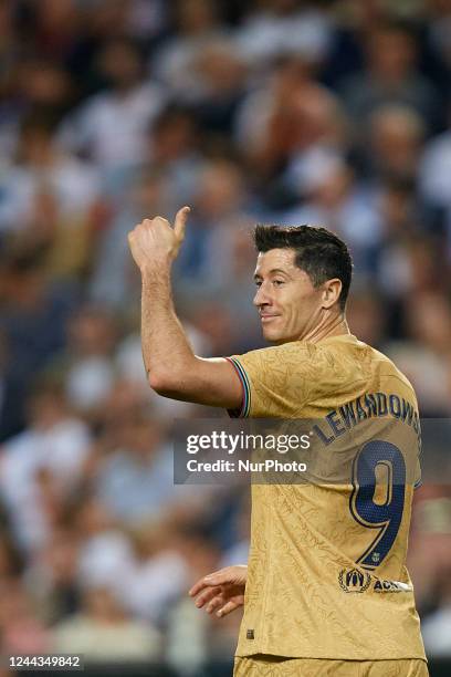 Robert Lewandowski of FC Barcelona reacts during the LaLiga Santander match between Valencia CF and FC Barcelona at Mestalla stadium, October 29...