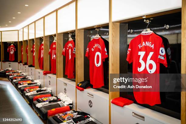 General View of kit in the dressing room prior to the Premier League match between Manchester United and West Ham United at Old Trafford on October...