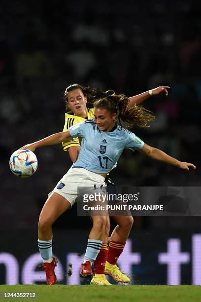 Spain's Marina Rivas handles the ball during the FIFA U-17 womens football World Cup 2022 final match between Colombia and Spain at the DY Patil...