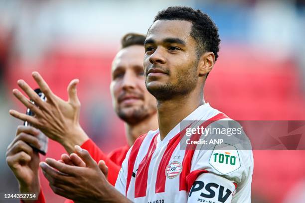 Cody Gakpo of PSV Eindhoven celebrates victory during the Dutch Eredivisie match between PSV Eindhoven and NEC Nijmegen at Phillips Stadium on...