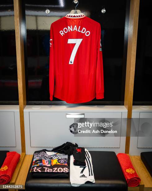 General View of the shirt of Cristiano Ronaldo of Manchester United in the dressing room prior to the Premier League match between Manchester United...