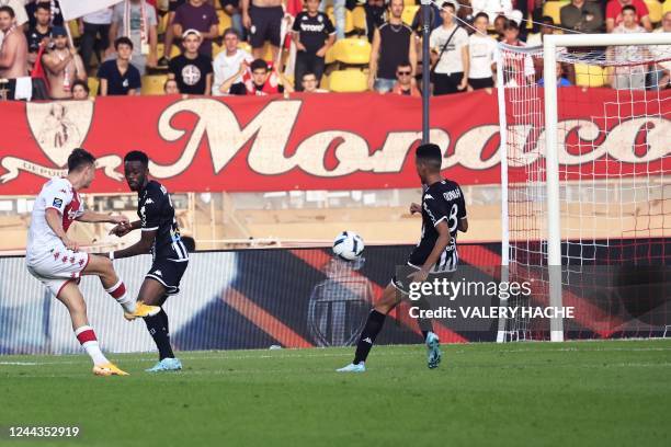 Monaco's Russian midfielder Aleksandr Golovin scores a goal during the French L1 football match between AS Monaco and SCO Angers at the Louis II...