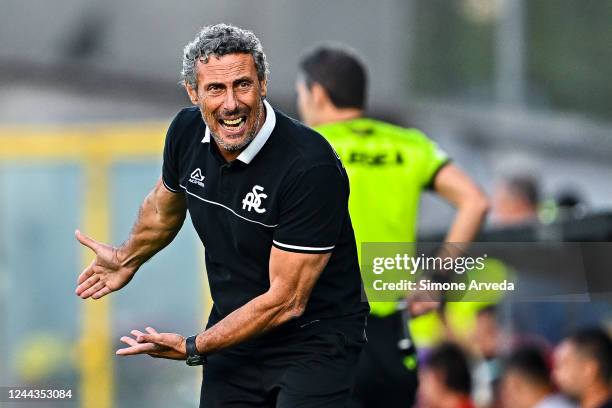 Luca Gotti head coach of Spezia reacts during the Serie A match between Spezia Calcio and ACF Fiorentina at Stadio Alberto Picco on October 30, 2022...