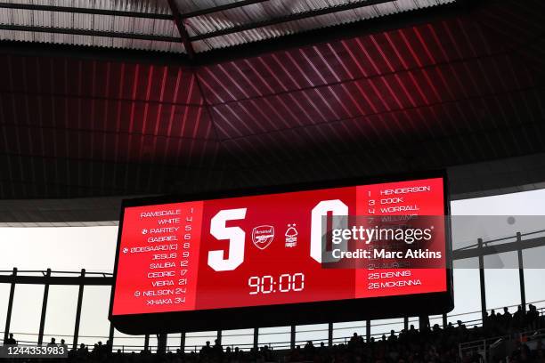 The scoreboard reflects the full-time score of 5-0 during the Premier League match between Arsenal FC and Nottingham Forest at Emirates Stadium on...