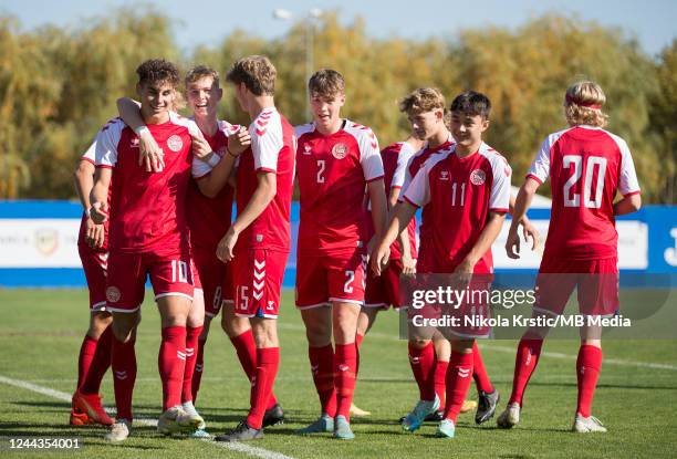 Amin Chiakha of Denmark celebrates after scoring with Tobias Lund Jensen of Denmark, Lucas Hogsberg of Denmark, Christian Jorgensen of Denmark,...