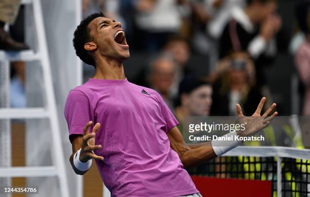 Felix Auger-Aliassime of Canada celebrates after his final match against Holger Rune of Denmark during day nine of the Swiss Indoor Basel at St....