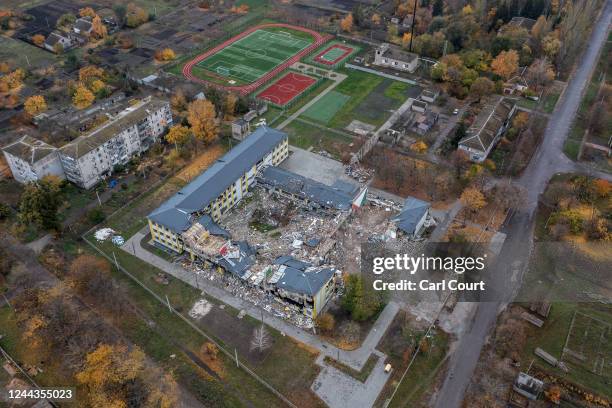 School lies destroyed after being hit by a Russian missile, on October 30, 2022 in Apostolove, Dnipropetrovsk oblast, Ukraine. Russia has said it's...