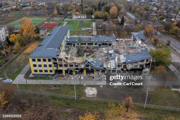 School lies destroyed after being hit by a Russian missile, on October 30, 2022 in Apostolove, Dnipropetrovsk oblast, Ukraine. Russia has said it's...